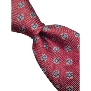 ST Dupont Classics Mens Silk Necktie Red Blue Floral Woven Pattern Logo Tie